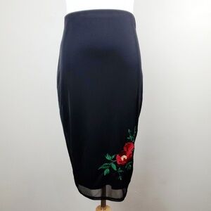 NWT Glam Black Flower Embroidered Pencil Skirt w/ Sheer Mesh Overlay, Size M